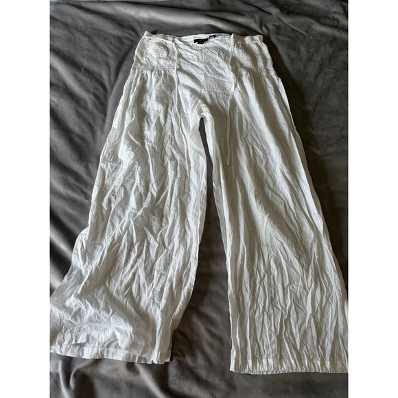 Kaktus Pants - Kaktus Womens White 100% Cotton Wide Leg Smocked Waist Beach Pants Large